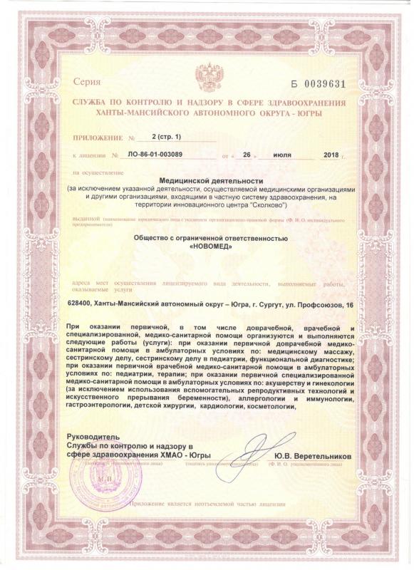 Приложение 2 к Лицензии на осуществление медицинской деятельности (лист 1)